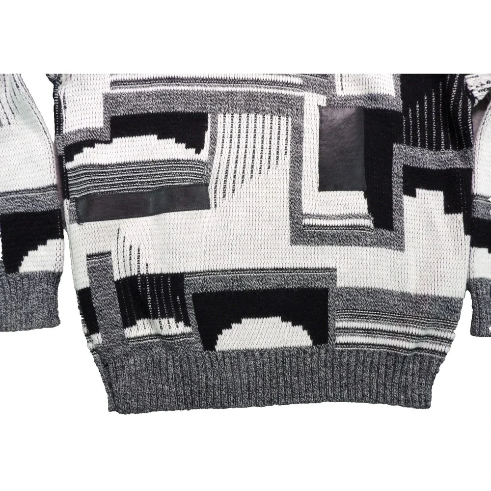VTG Ashley Knit Sweater Men L Gray Black Abstract Geometric Leather Trim USA 90s